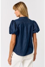 DENIM PUFF SLEEVE VNECK BLOUSE