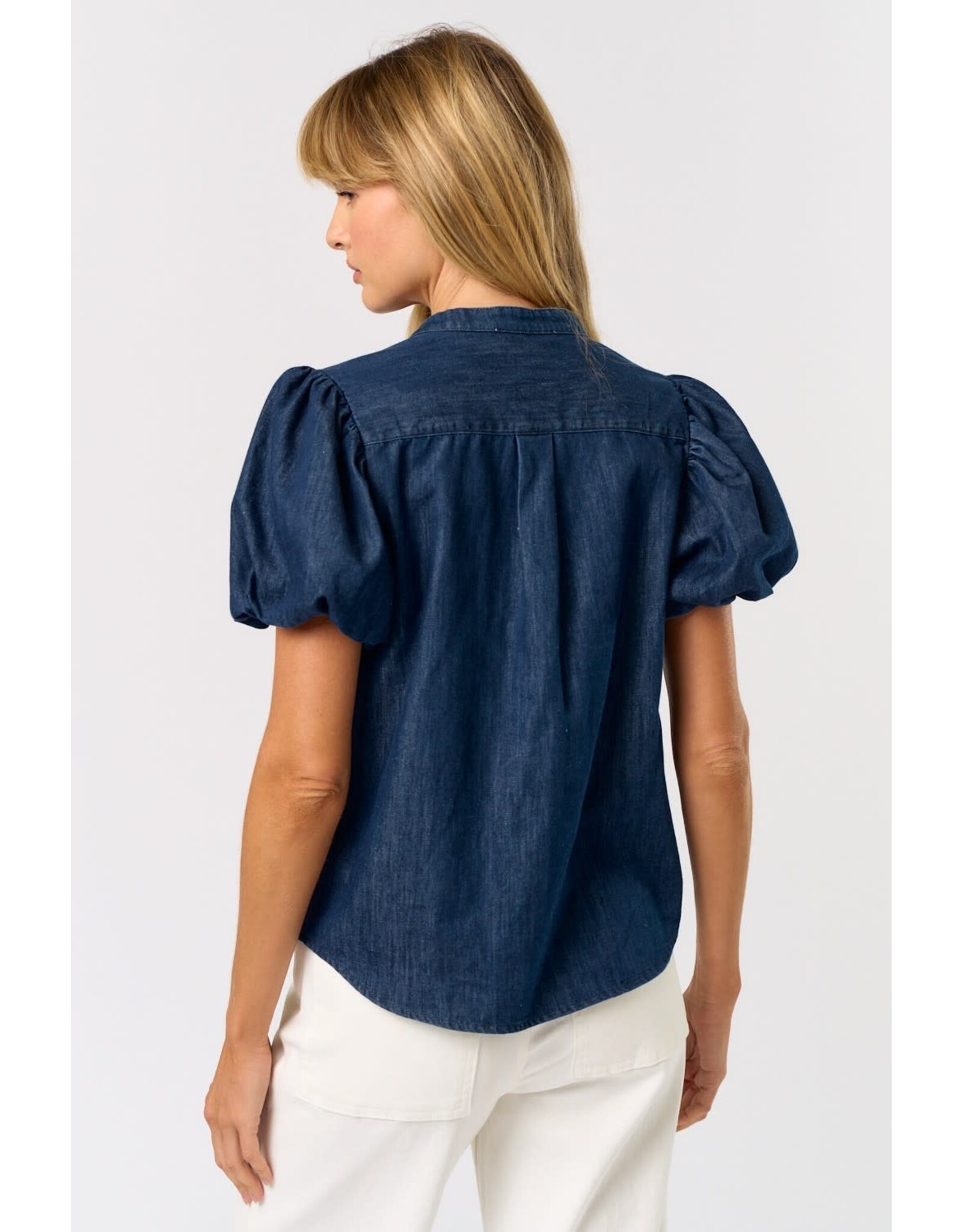 DENIM PUFF SLEEVE VNECK BLOUSE