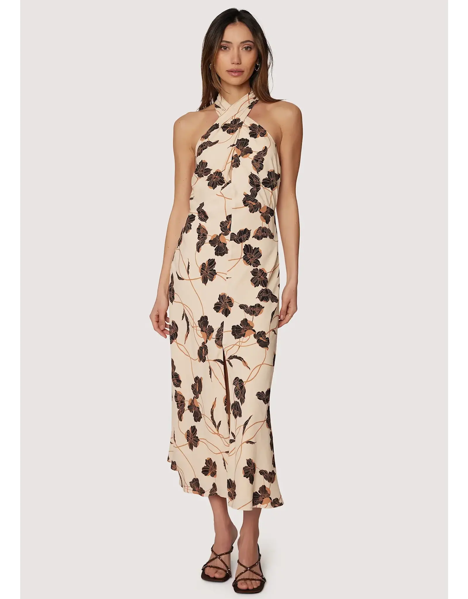 FALL FLORAL HALTER NECK SLIT MIDI