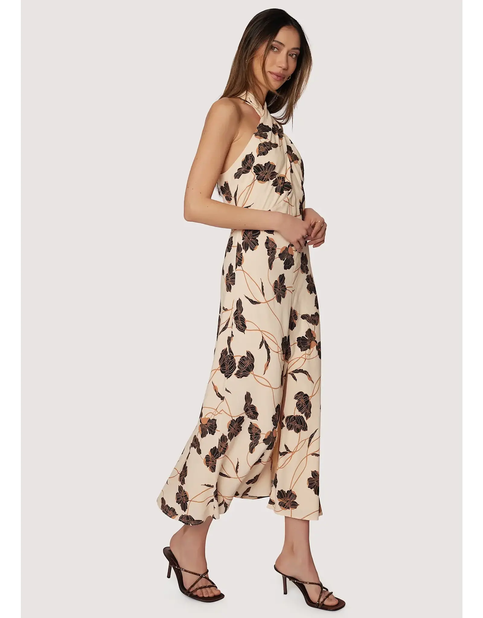 FALL FLORAL HALTER NECK SLIT MIDI