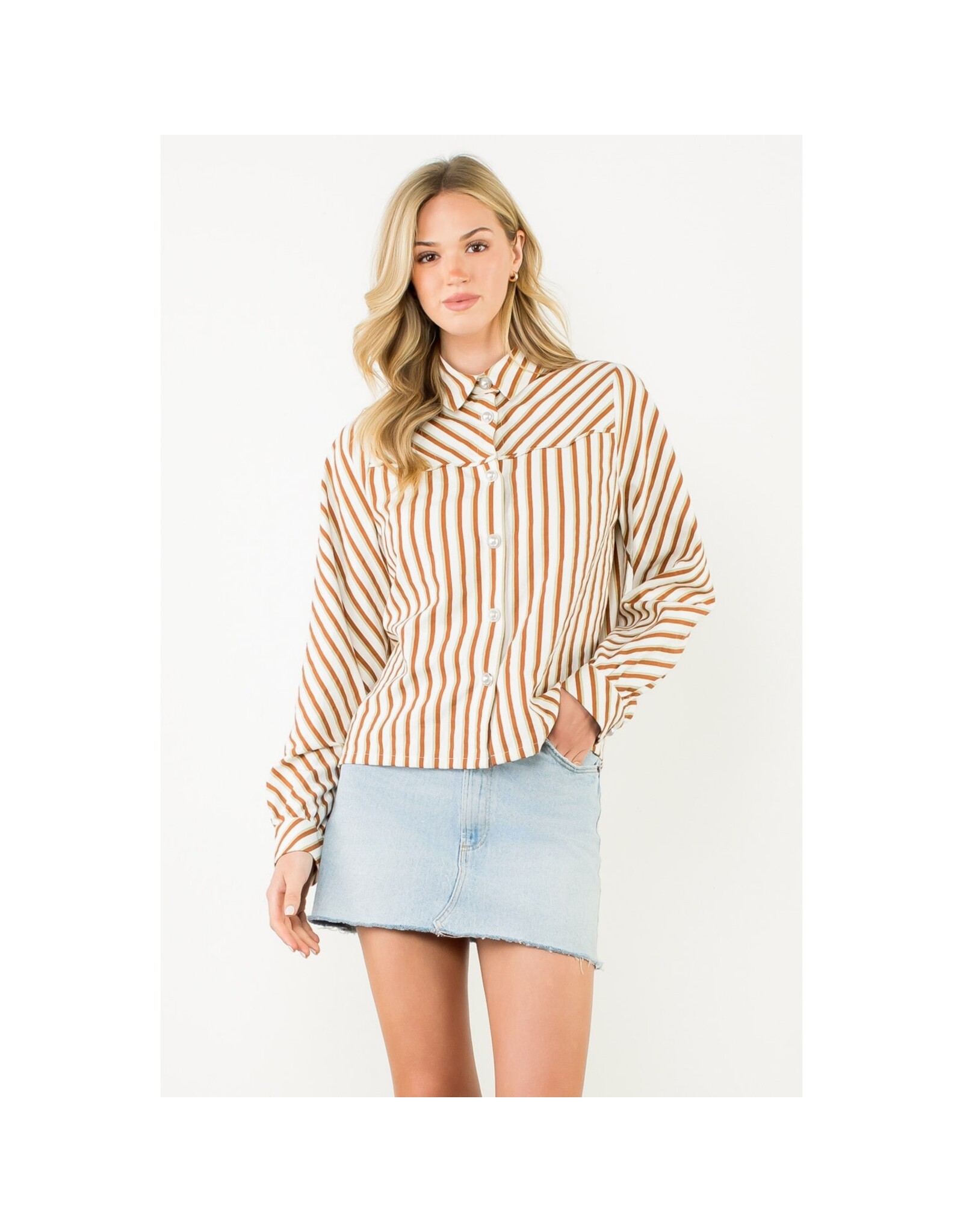 PEARL BUTTON LSLV STRIPE BLOUSE