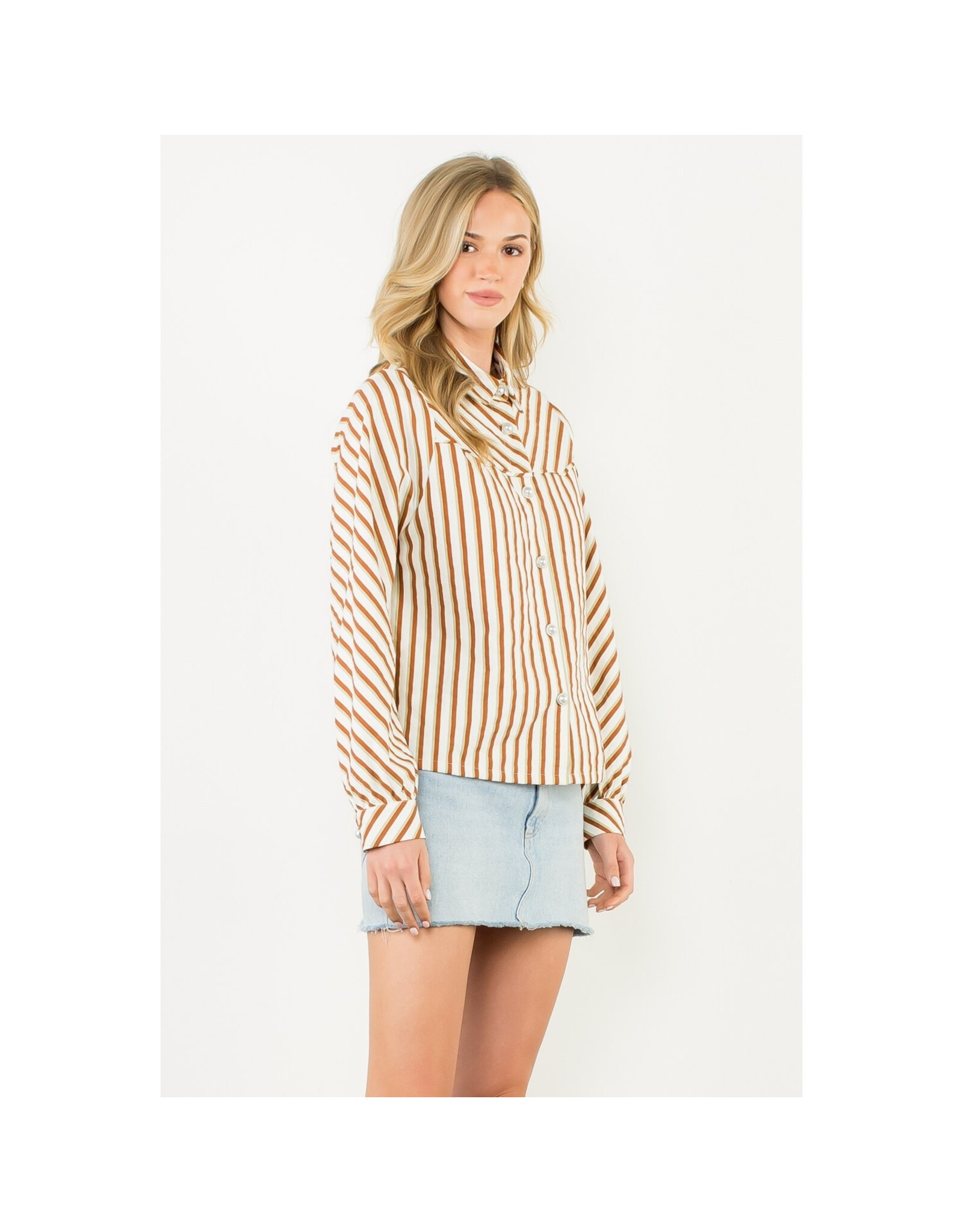 PEARL BUTTON LSLV STRIPE BLOUSE