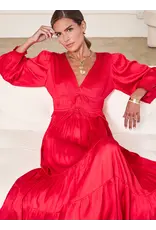 V NECK SATIN TIERED MIDI DRESS