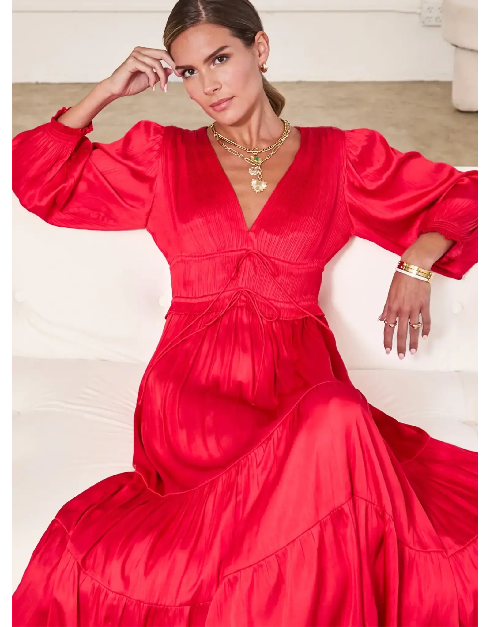 V NECK SATIN TIERED MIDI DRESS