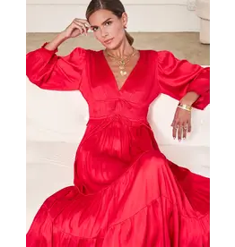 V NECK SATIN TIERED MIDI DRESS