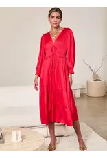 V NECK SATIN TIERED MIDI DRESS