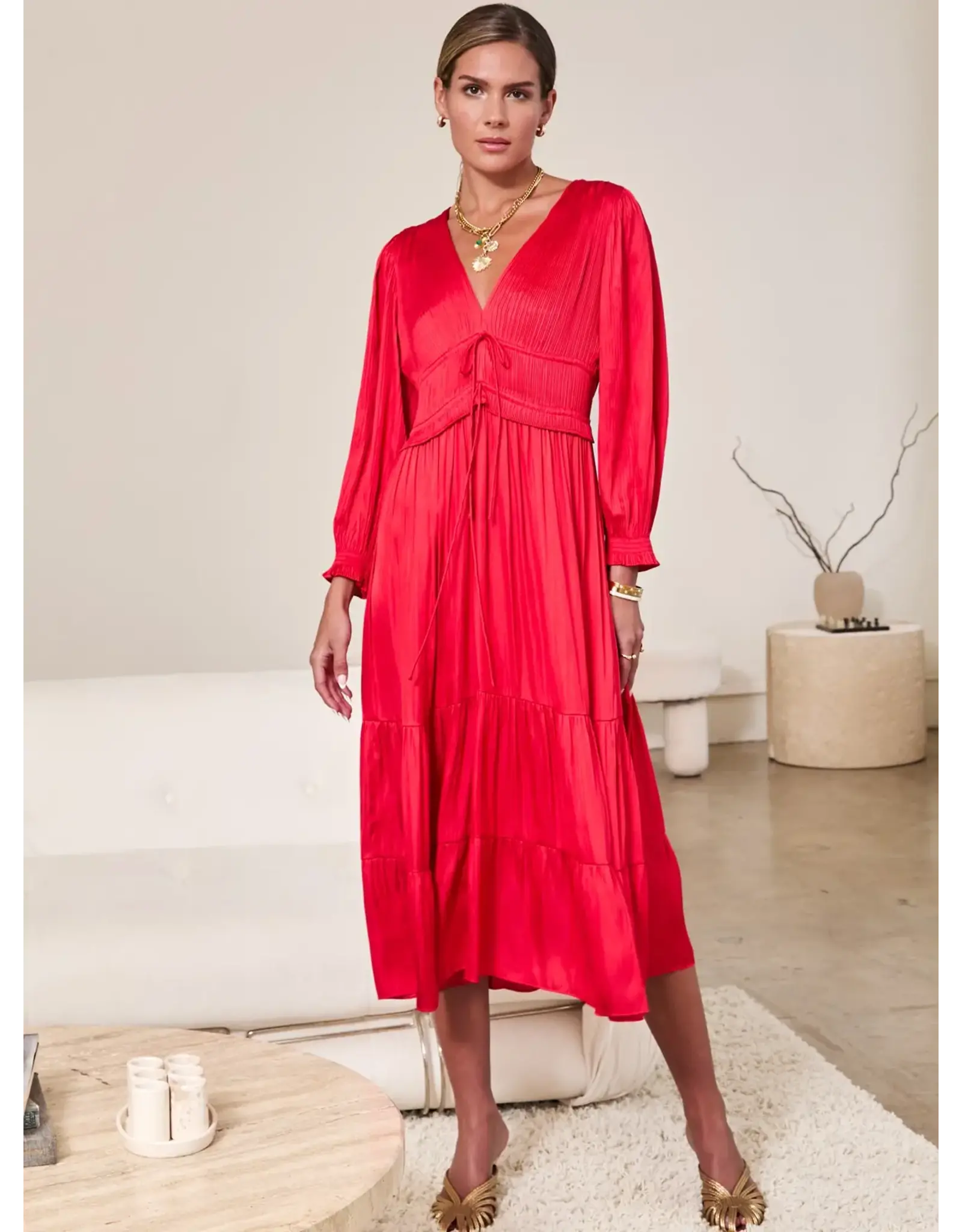 V NECK SATIN TIERED MIDI DRESS