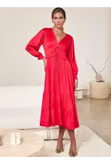V NECK SATIN TIERED MIDI DRESS
