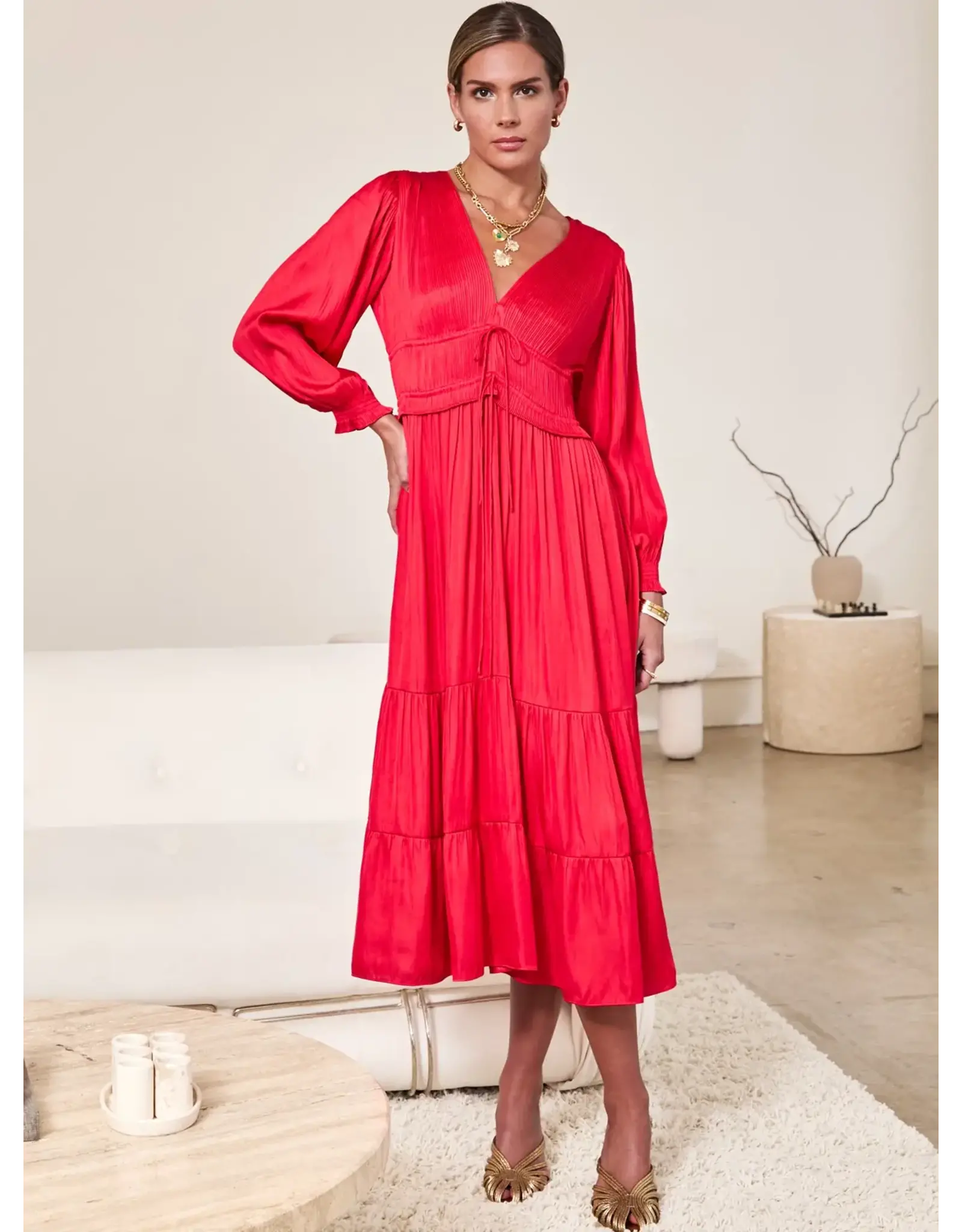 V NECK SATIN TIERED MIDI DRESS