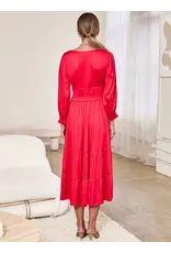 V NECK SATIN TIERED MIDI DRESS