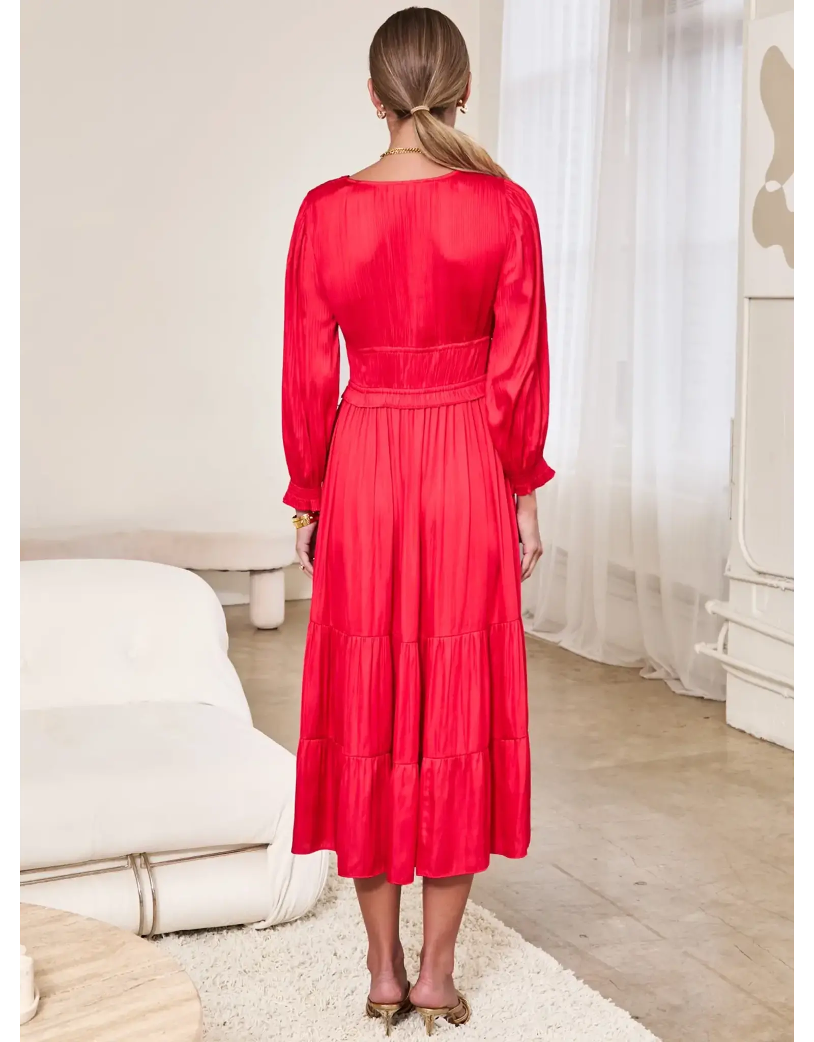 V NECK SATIN TIERED MIDI DRESS