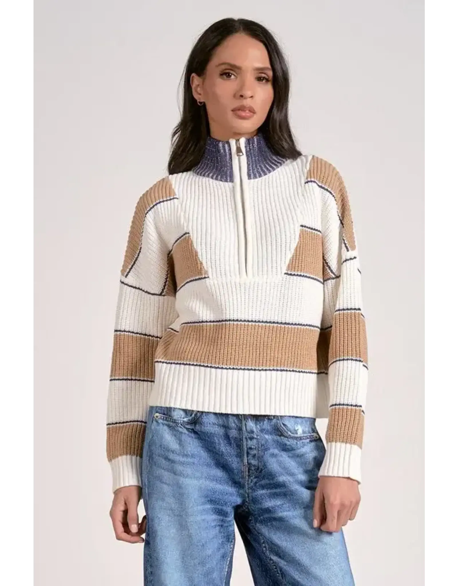 HALF ZIP CABLE STRIPE DETAIL SWEATER
