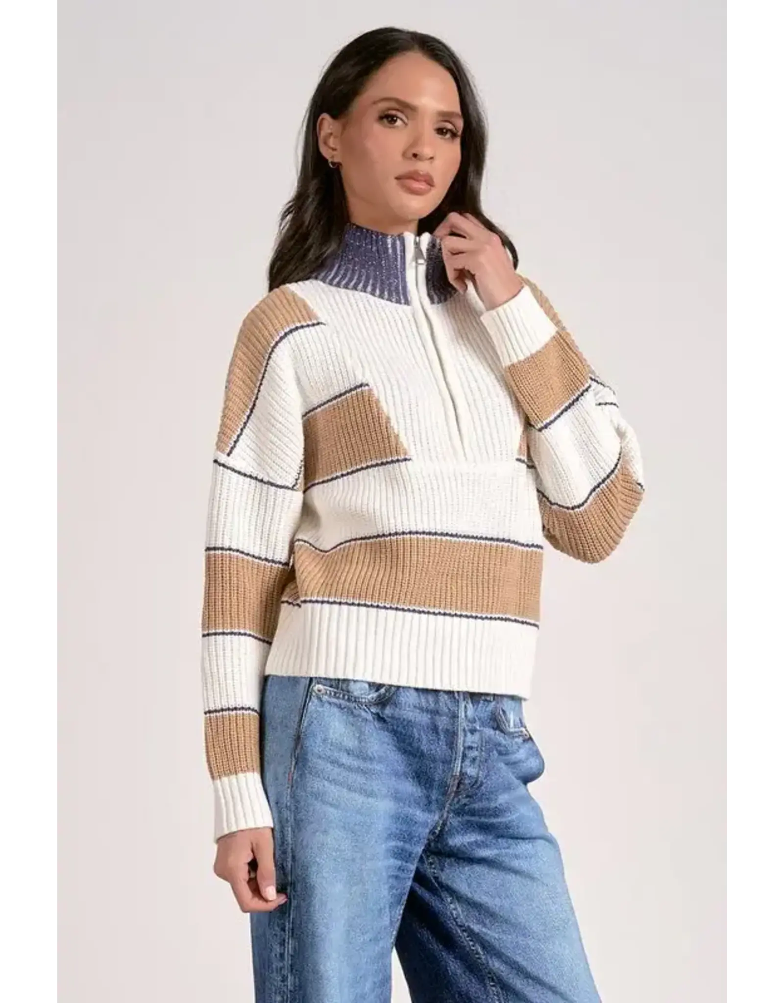 HALF ZIP CABLE STRIPE DETAIL SWEATER