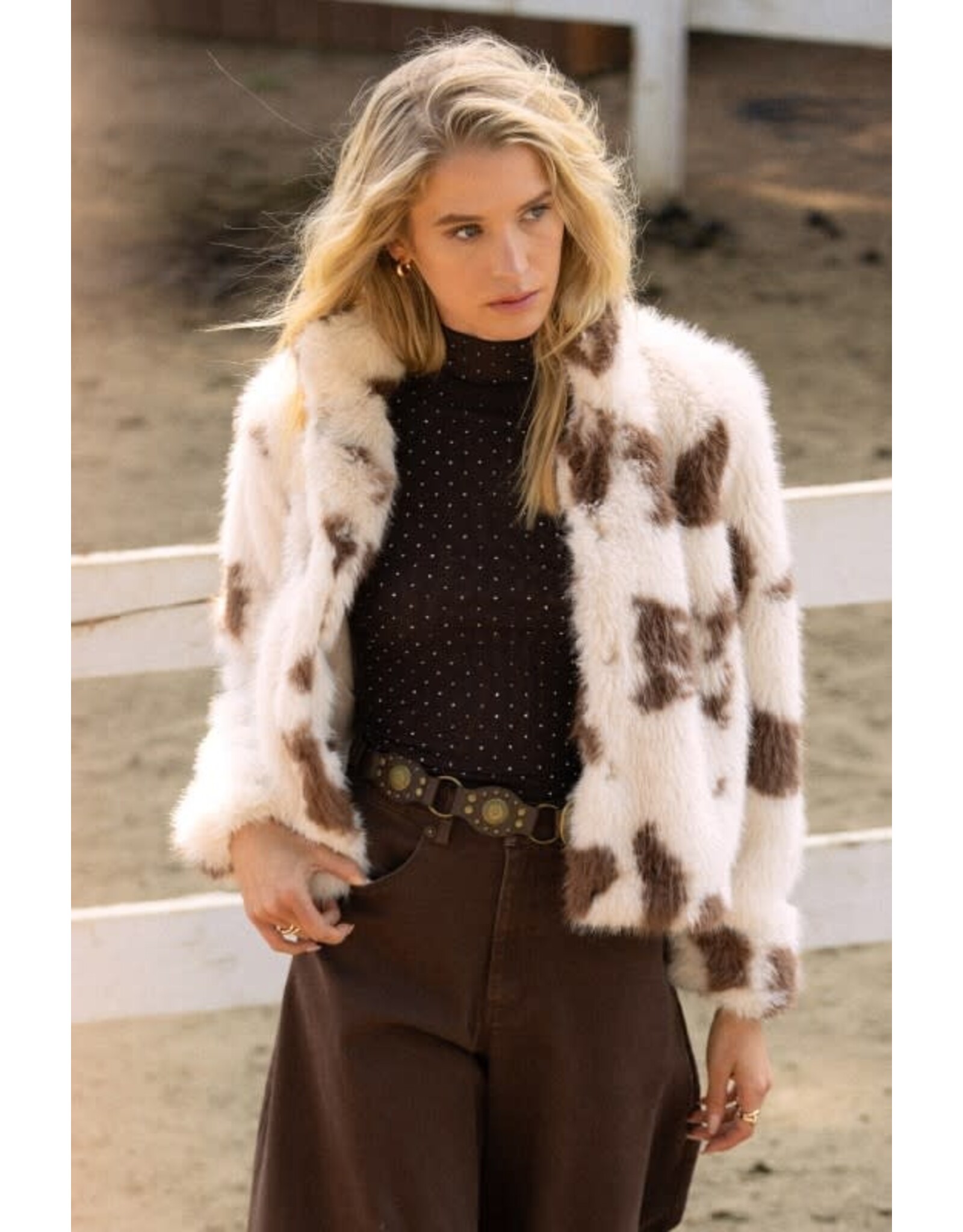 COW PRINT FAUX FUR JACKET