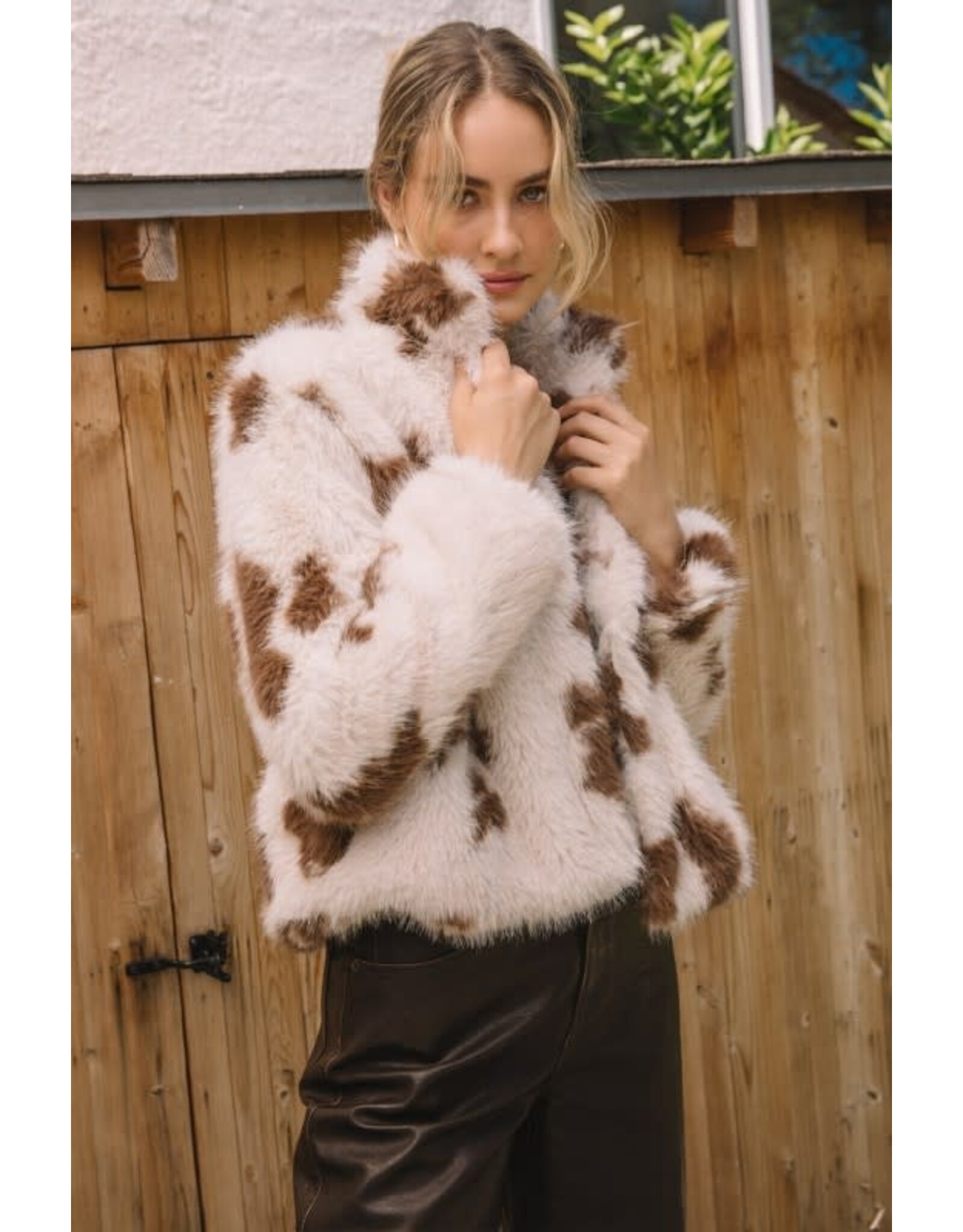COW PRINT FAUX FUR JACKET