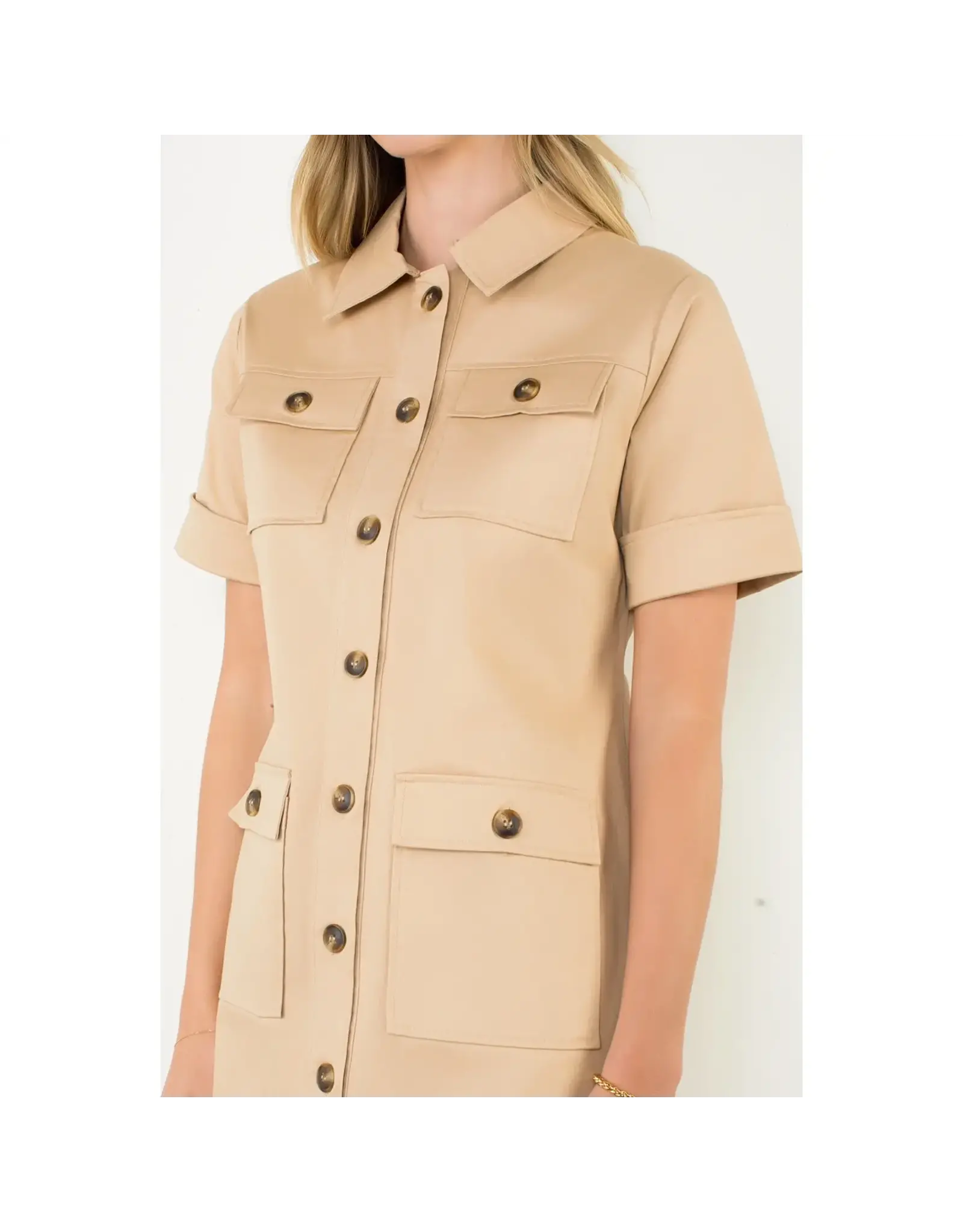 UTILITY POCKET BUTTON FRONT MINI DRESS