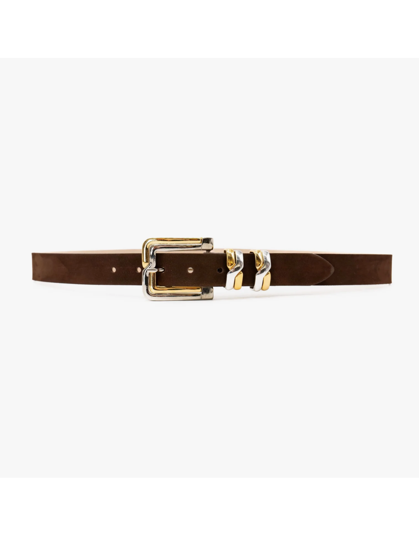 BROWN SUEDE STATEMENT BELT W/TWO TONE BUCKLE