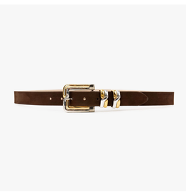 BROWN SUEDE STATEMENT BELT W/TWO TONE BUCKLE