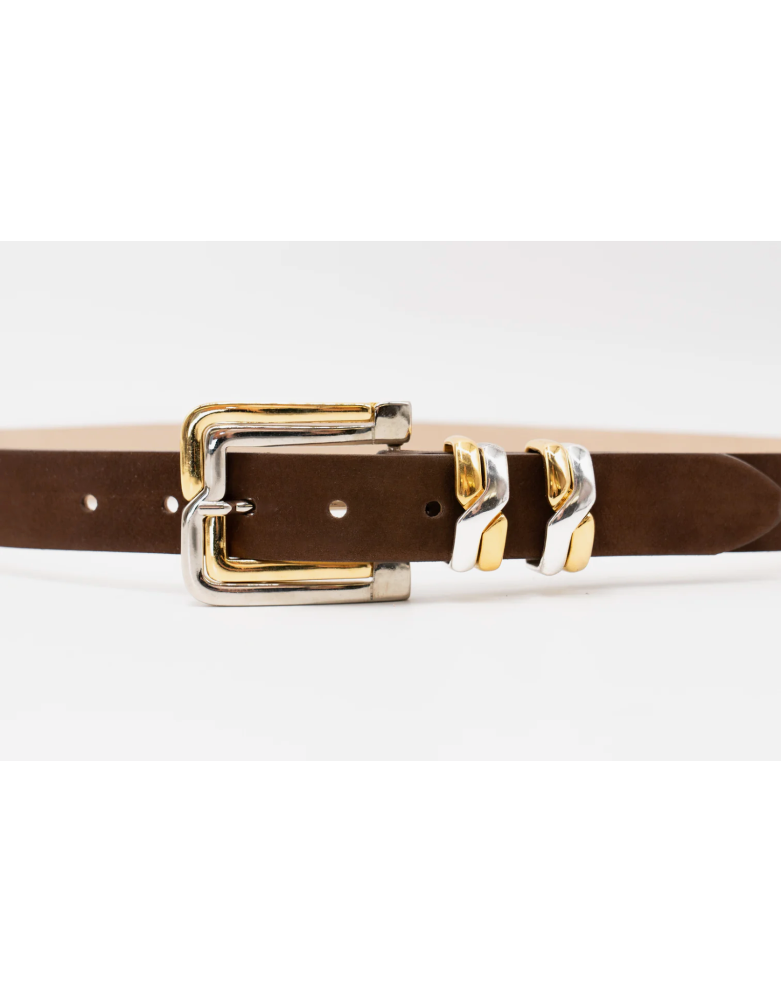 BROWN SUEDE STATEMENT BELT W/TWO TONE BUCKLE