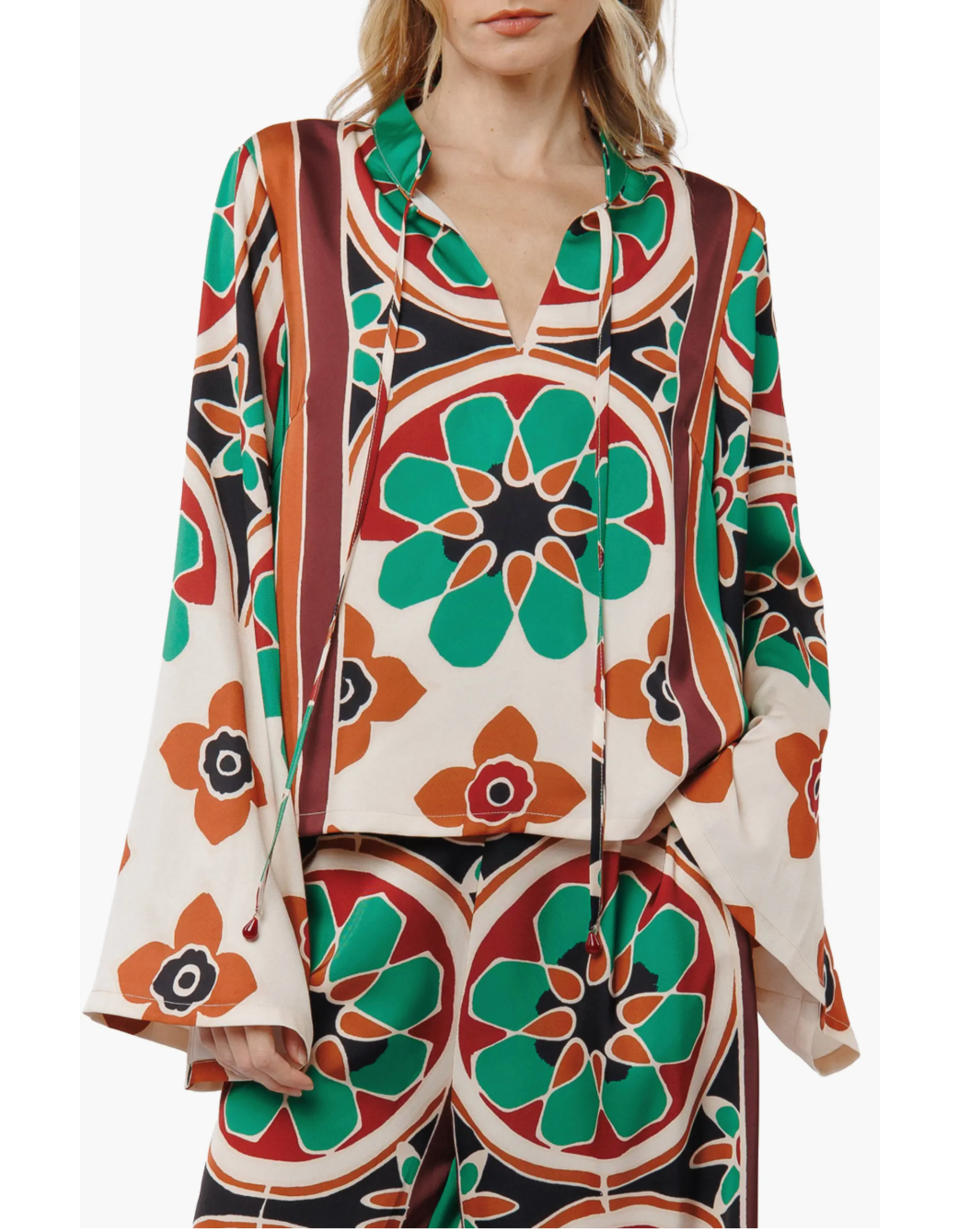 FLORAL LSLV SILK BLOUSE