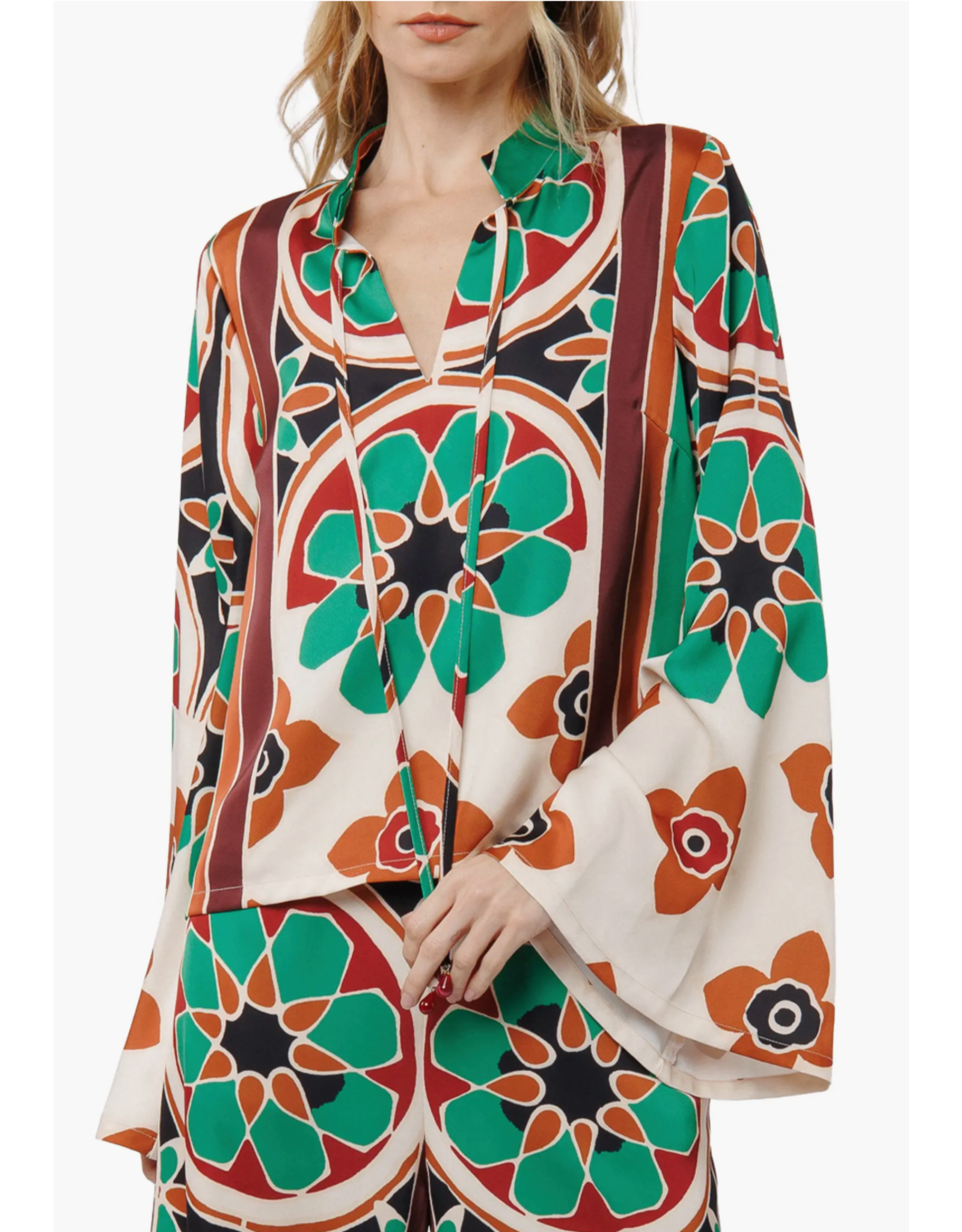 FLORAL LSLV SILK BLOUSE