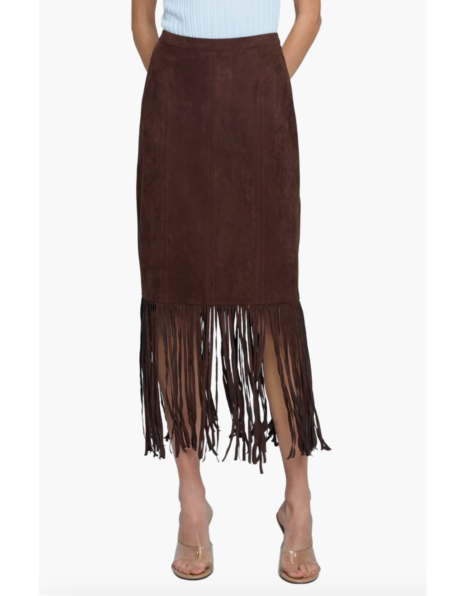 SUEDE FRINGE MIDI SKIRT