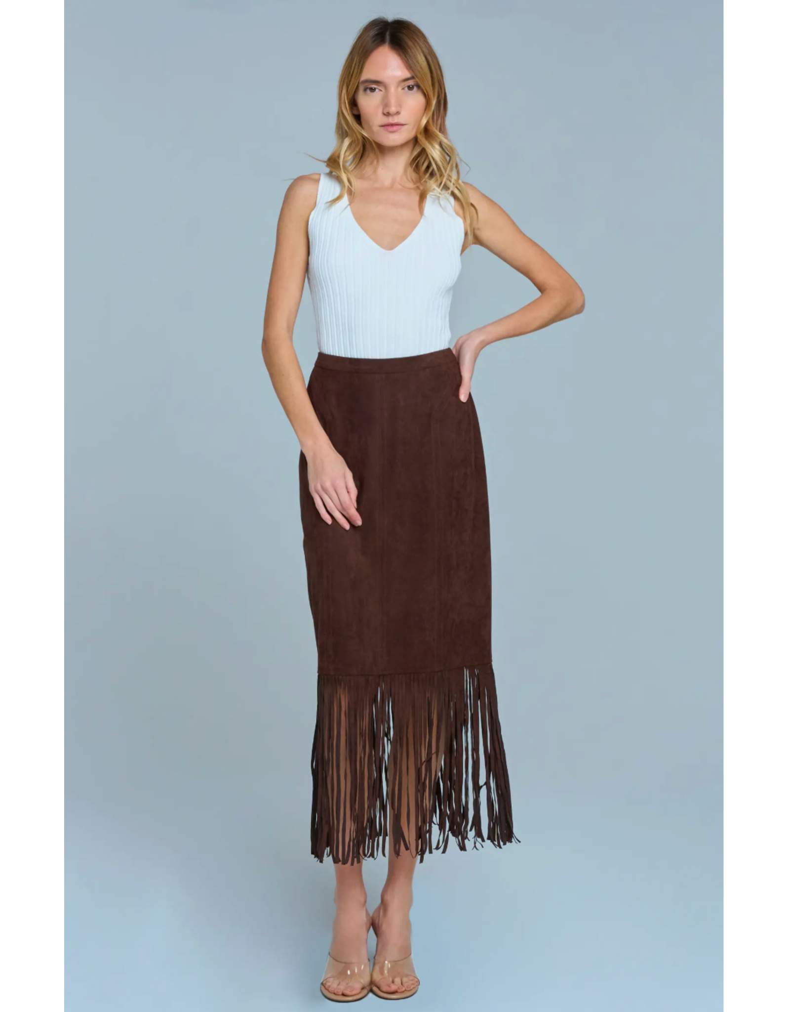 SUEDE FRINGE MIDI SKIRT