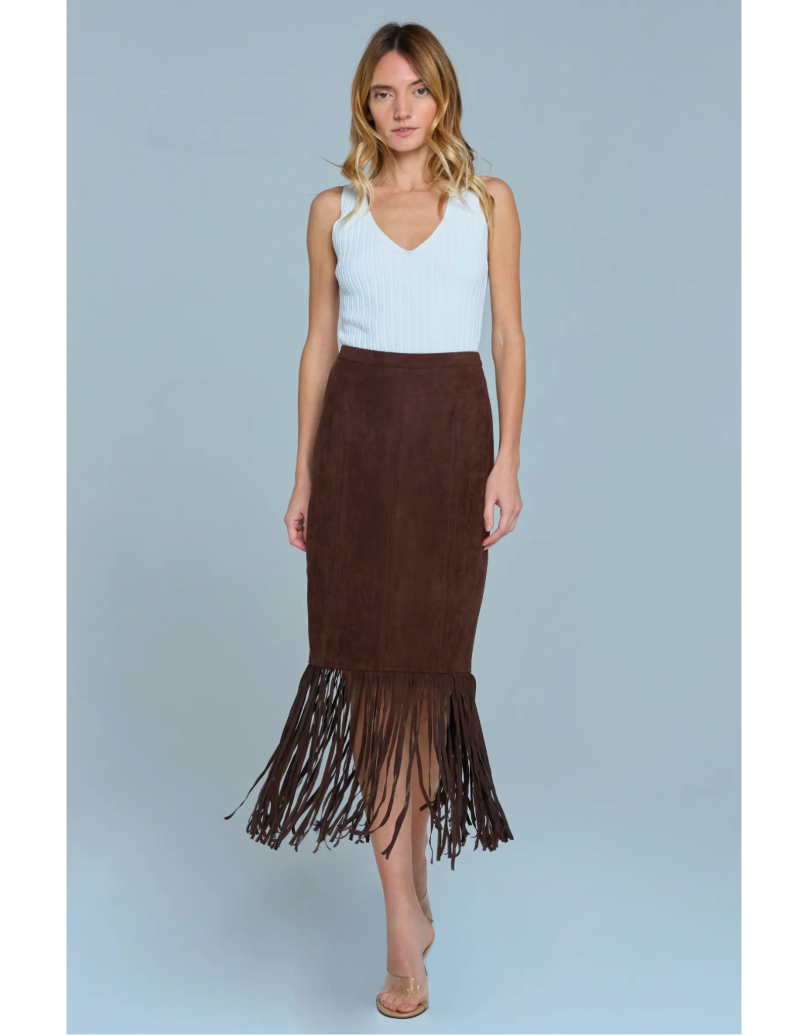 SUEDE FRINGE MIDI SKIRT