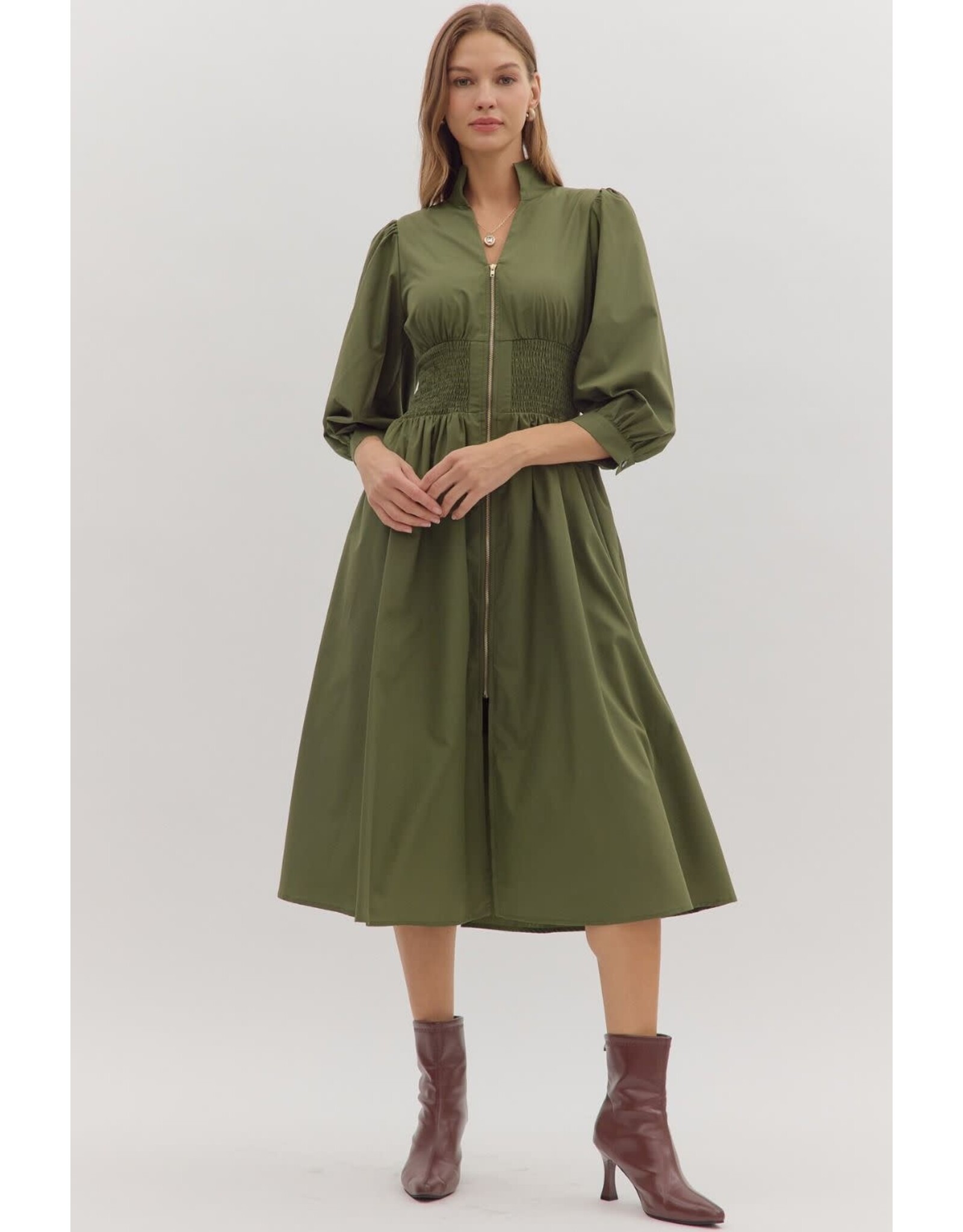 3/4 SLEEVE ZIPPER FRONT MIDI