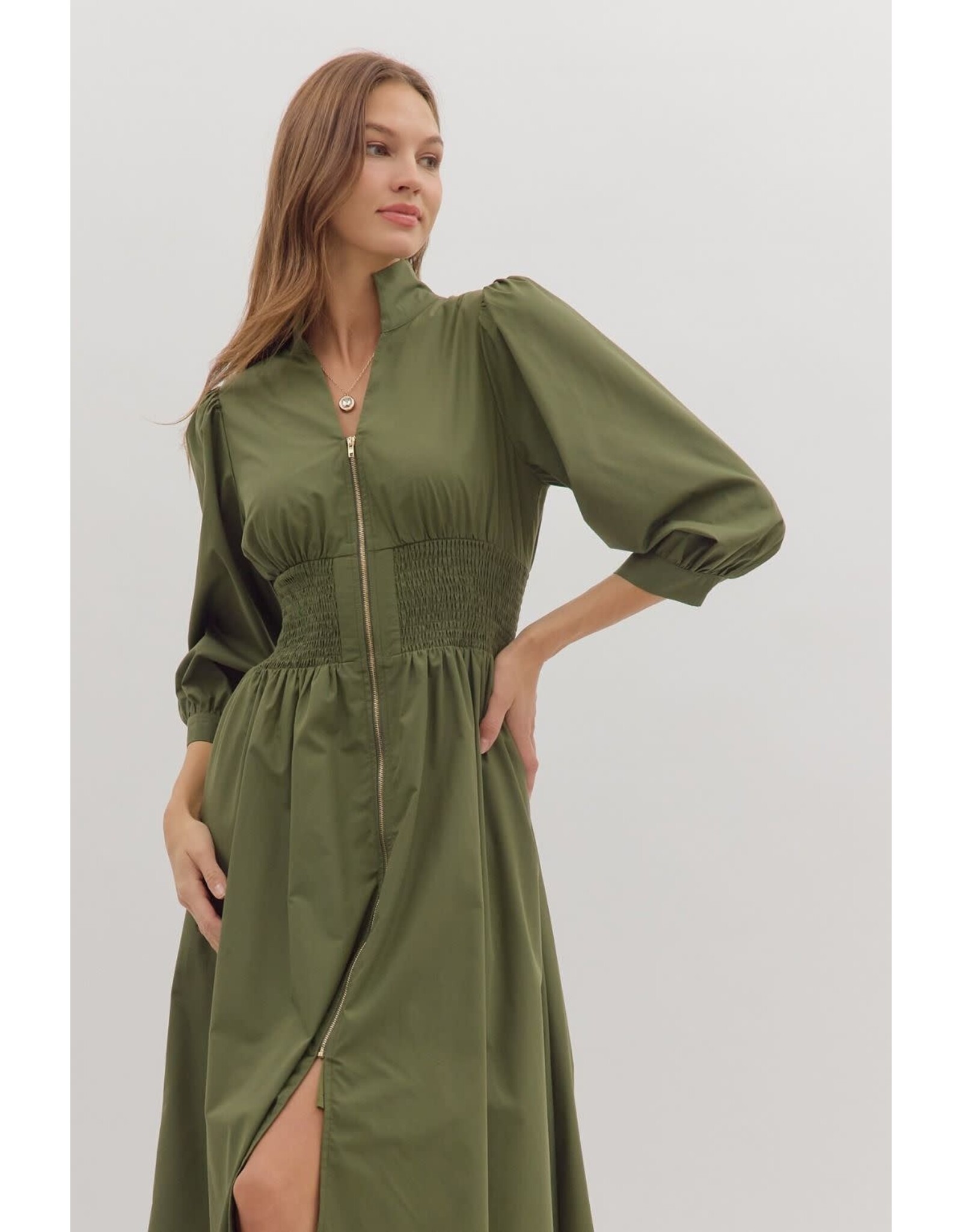 3/4 SLEEVE ZIPPER FRONT MIDI