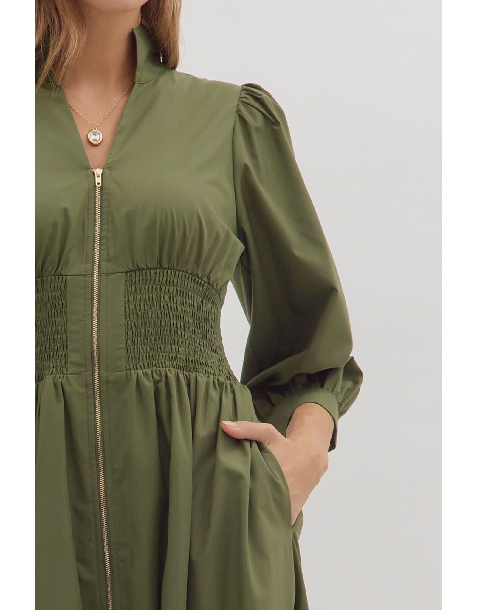 3/4 SLEEVE ZIPPER FRONT MIDI