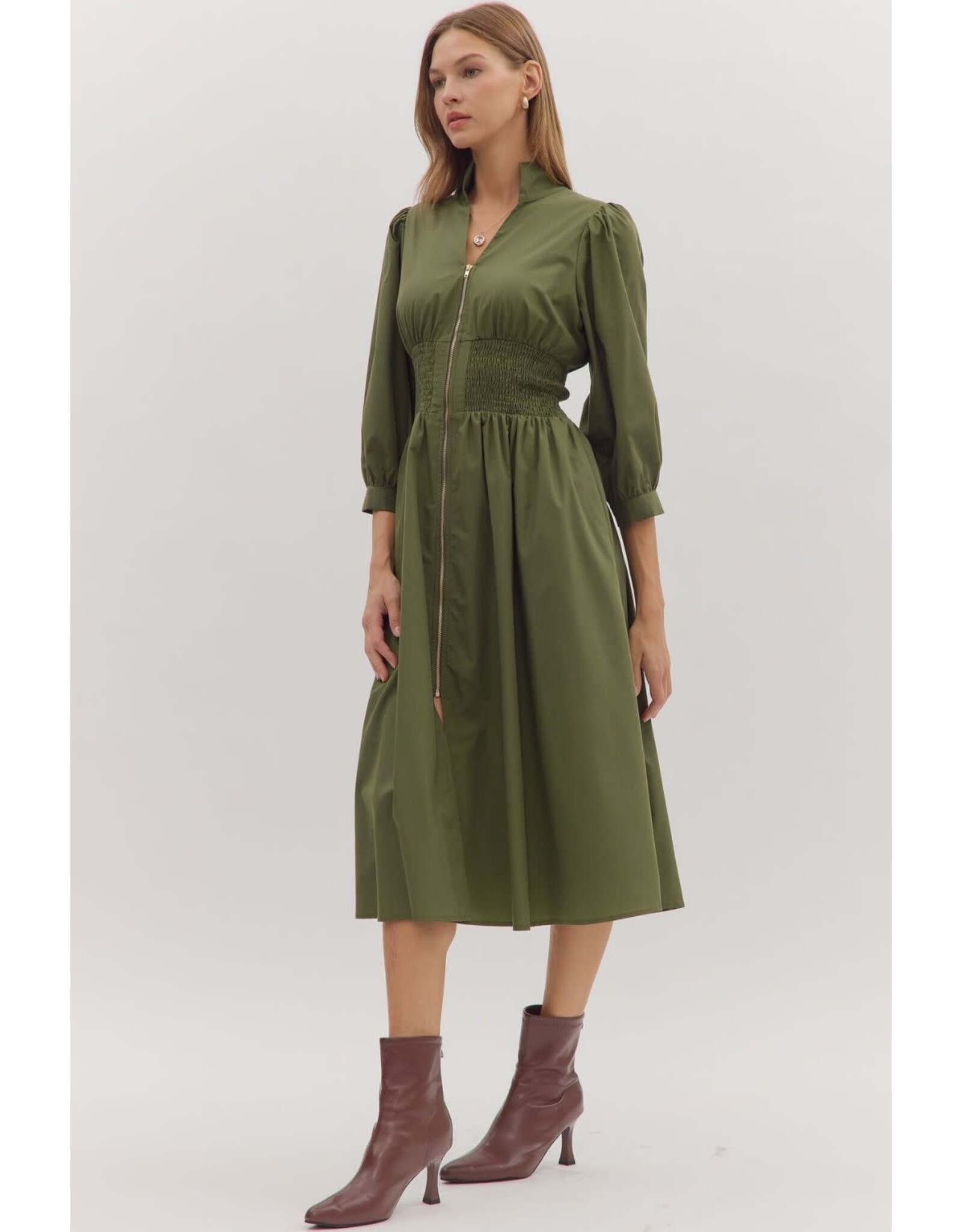 3/4 SLEEVE ZIPPER FRONT MIDI