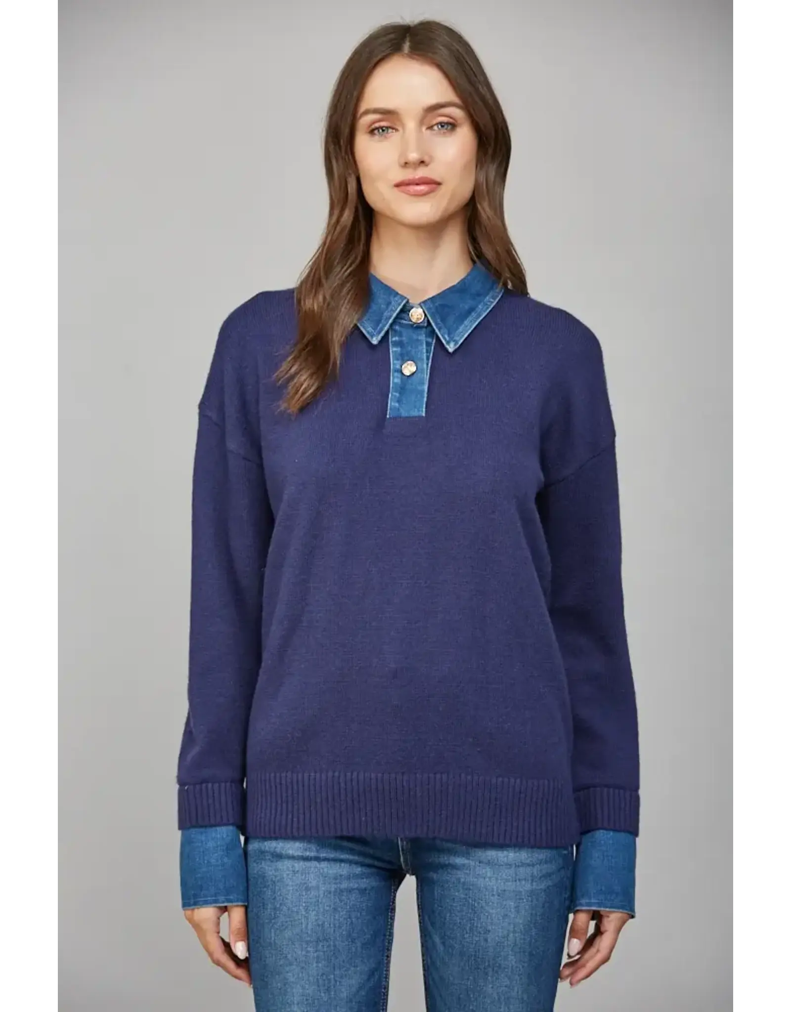 DENIM SHIRT COLLARD SWEATER TOP