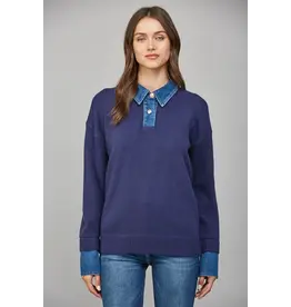 DENIM SHIRT COLLARD SWEATER TOP
