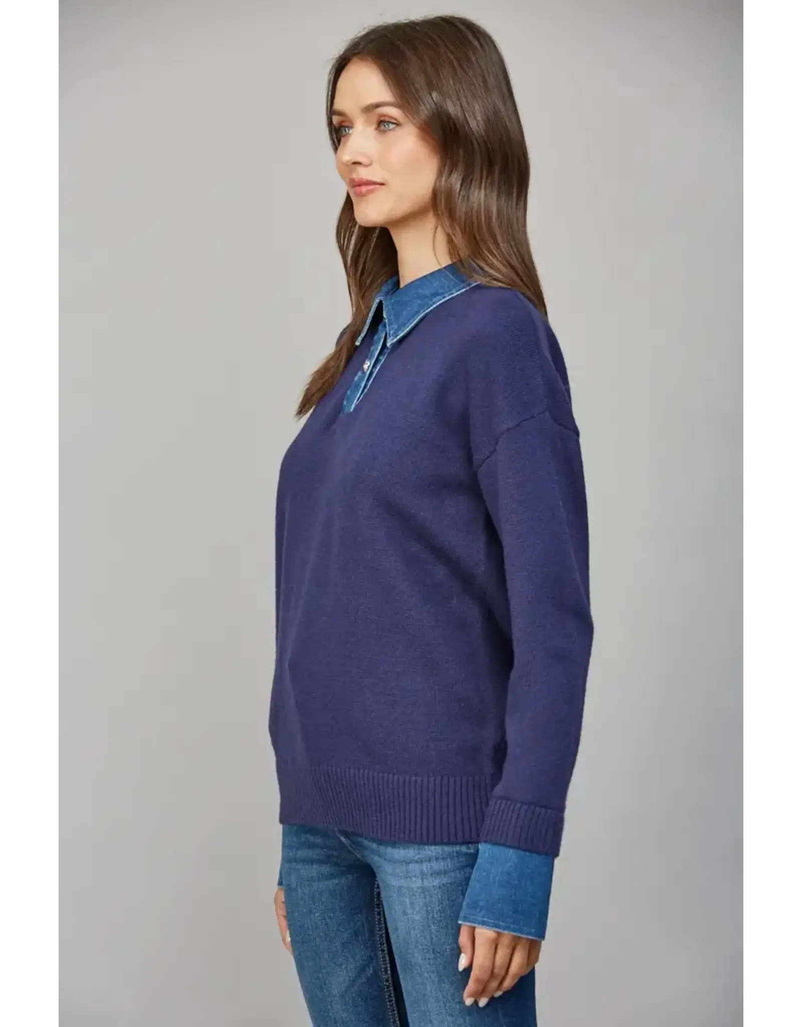 DENIM SHIRT COLLARD SWEATER TOP