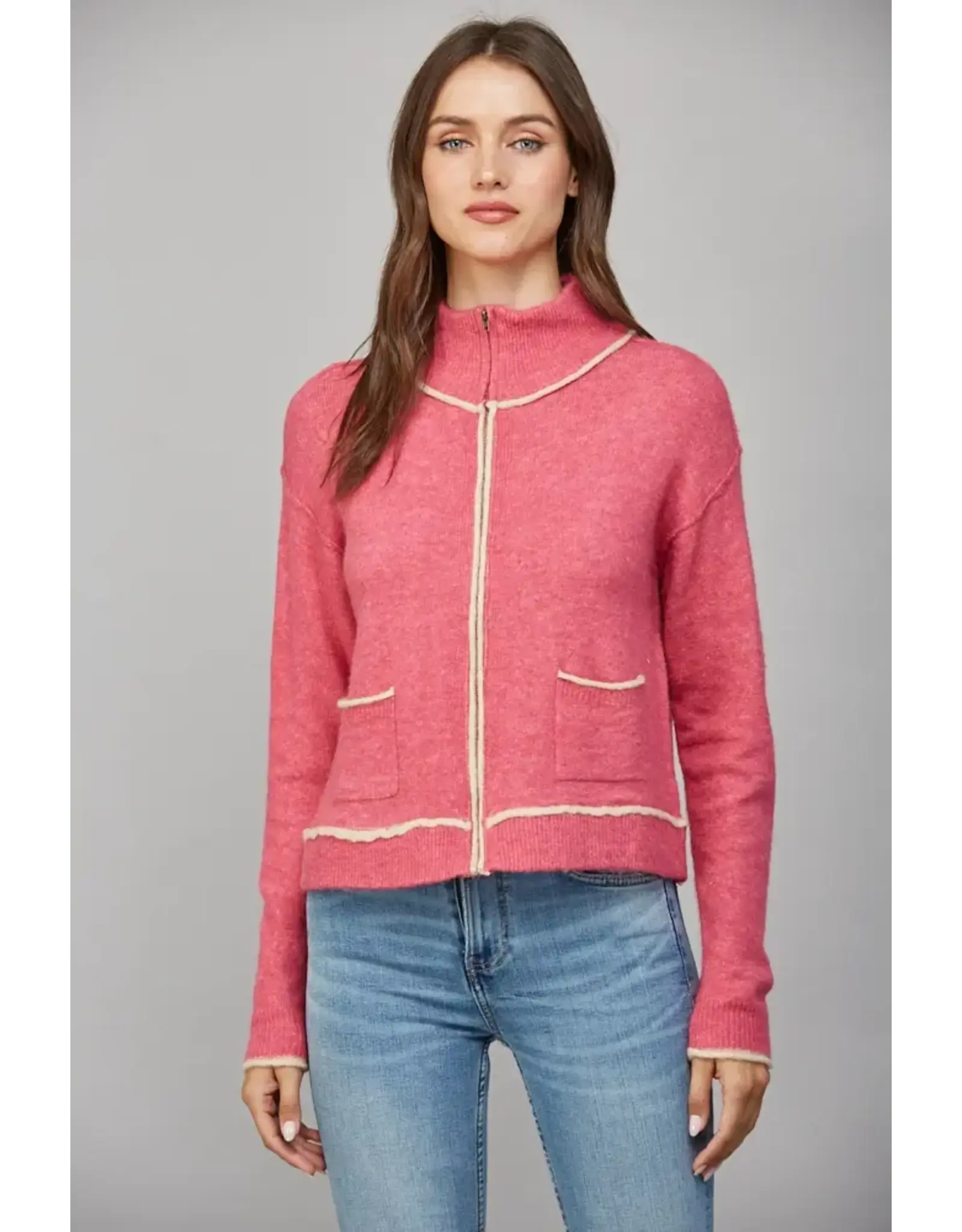 CONTRAST PIPING ZIP UP CARDIGAN