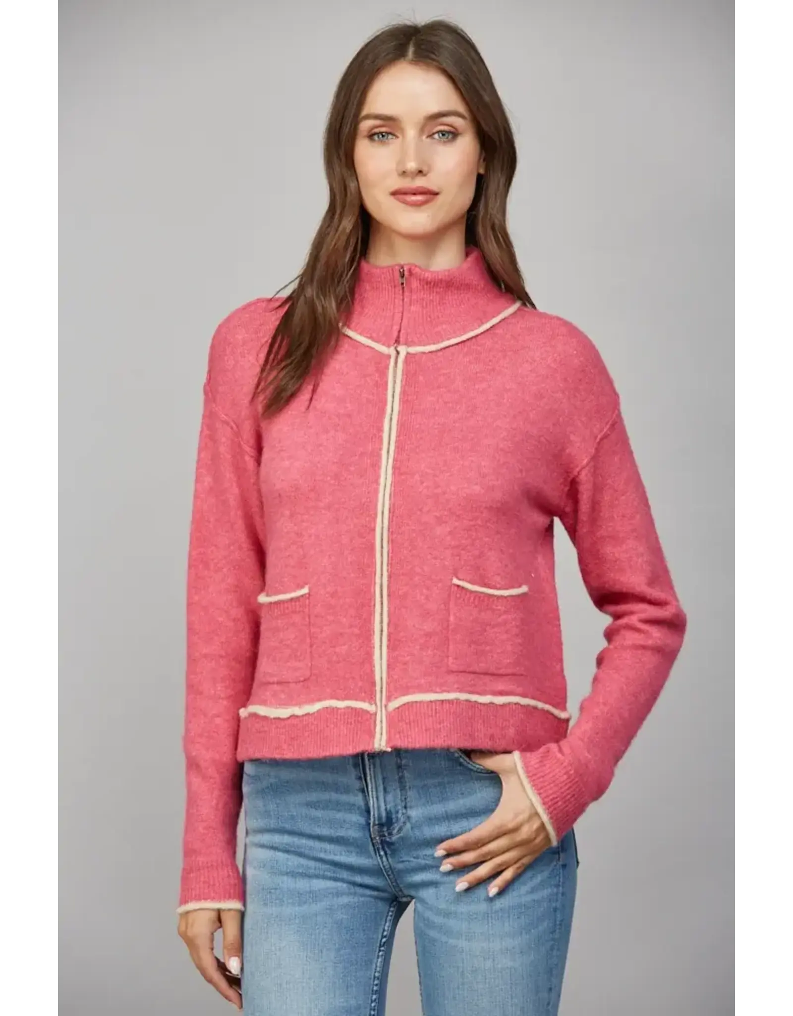 CONTRAST PIPING ZIP UP CARDIGAN