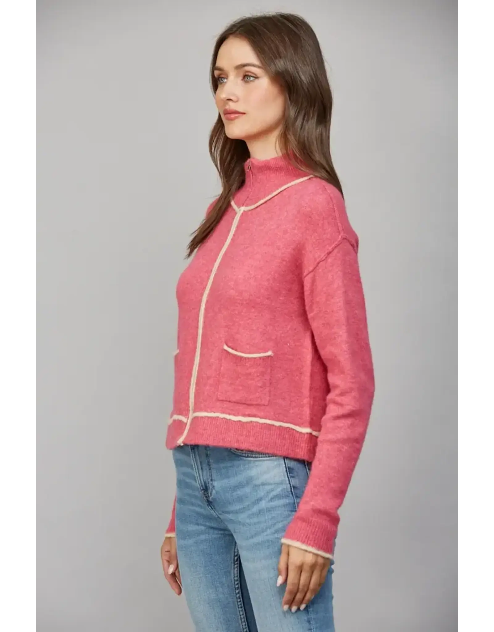 CONTRAST PIPING ZIP UP CARDIGAN