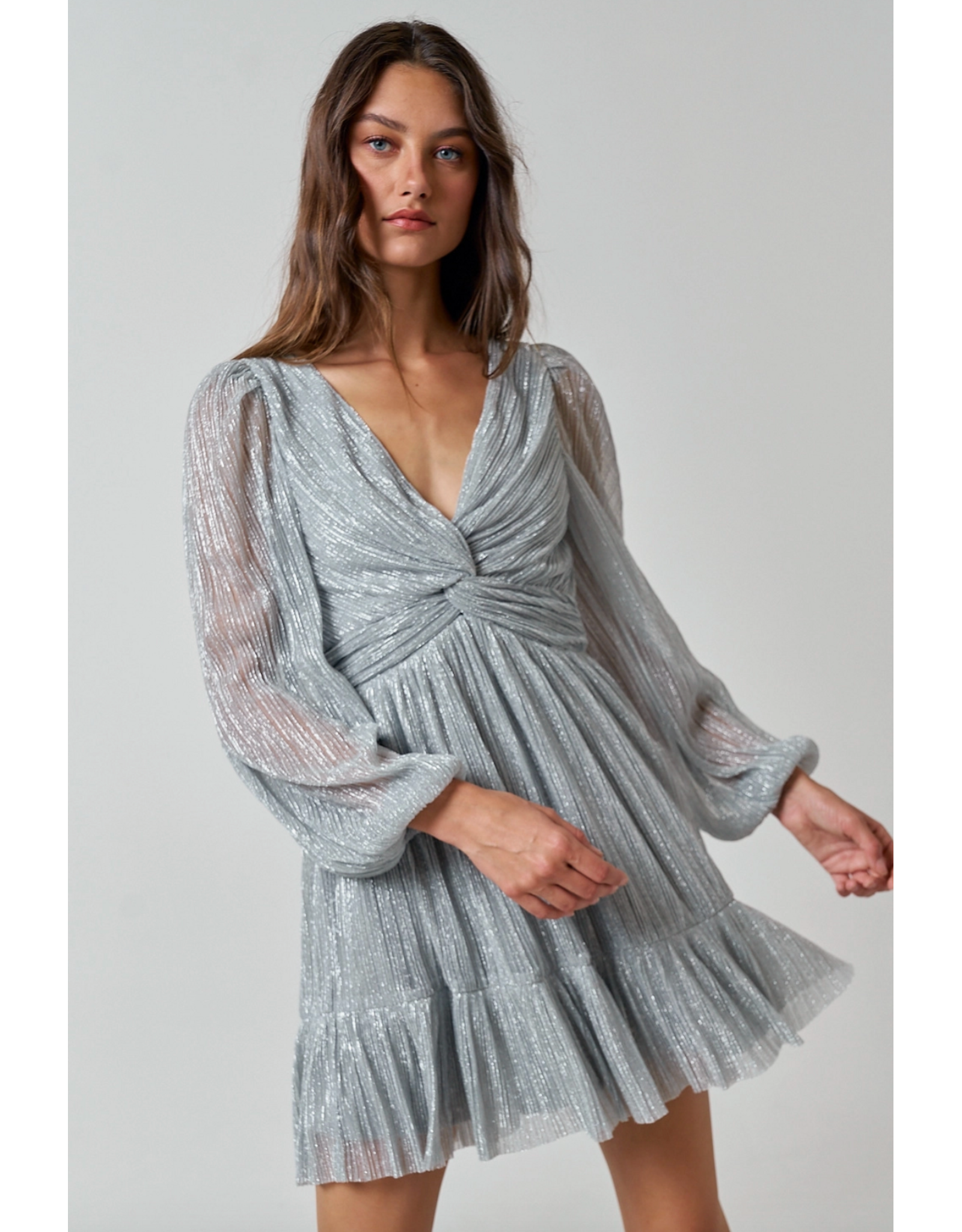 Lurex Long Sleeve Front Twist Mini Dress