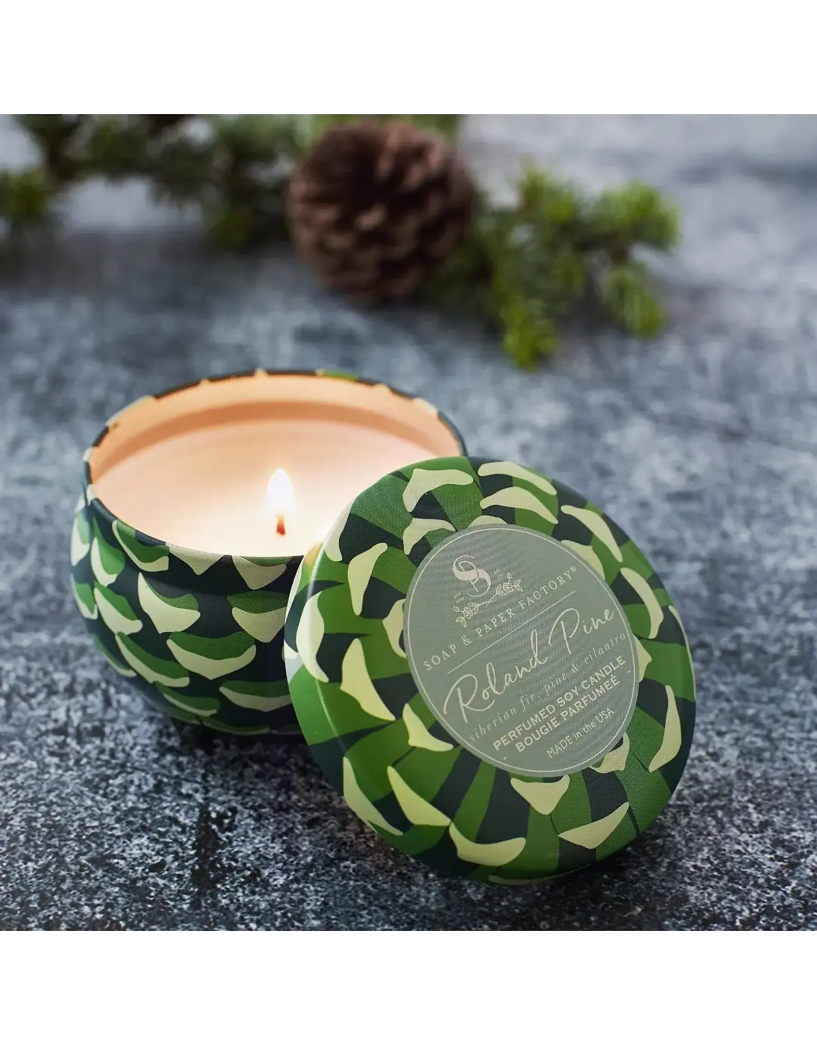 SOAP & PAPER FACTORY ROLAND PINE SMALL TIN SOY CANDLE