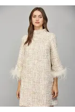 FEATHER TRIM  TWEED SHIFT DRESS