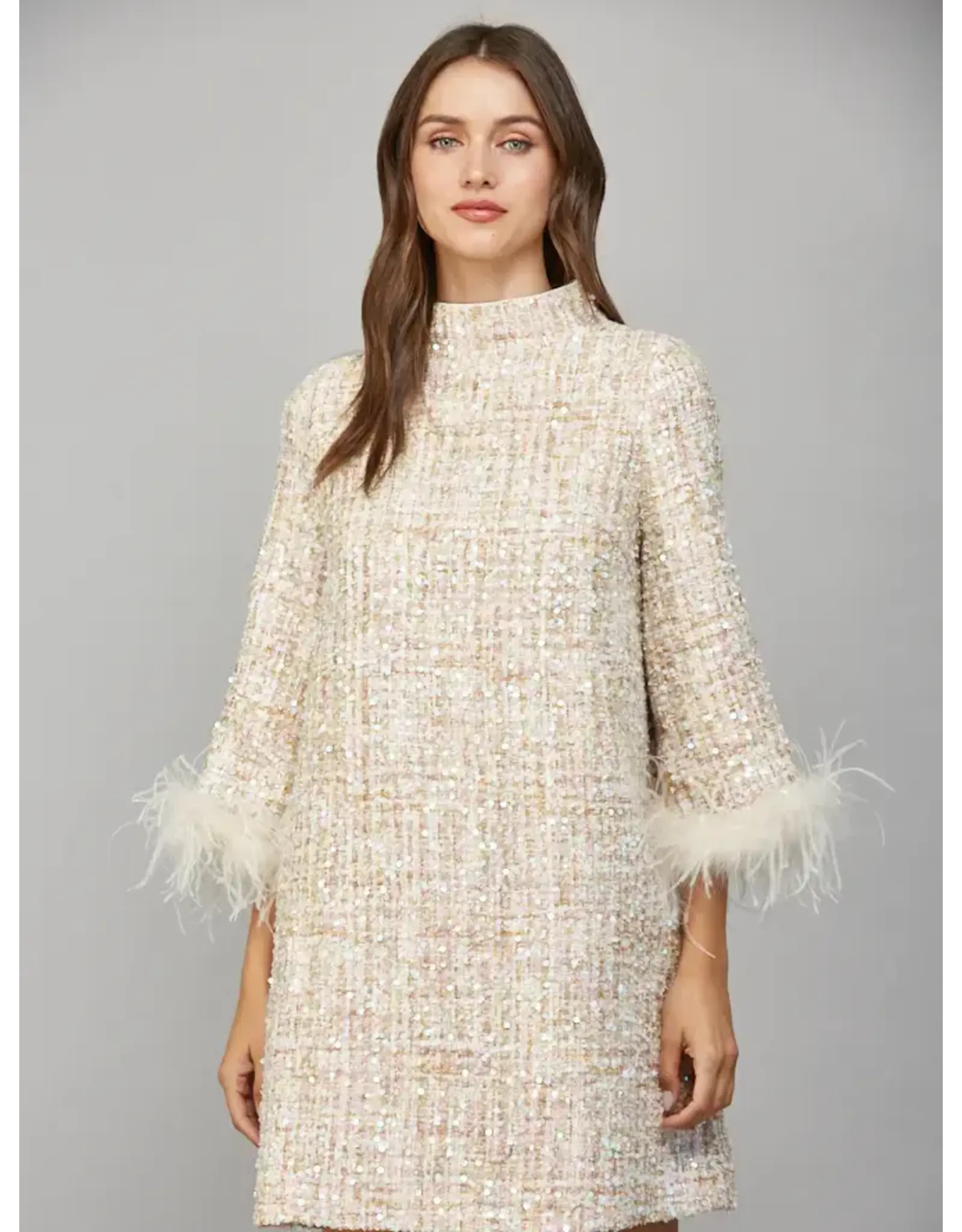 FEATHER TRIM  TWEED SHIFT DRESS