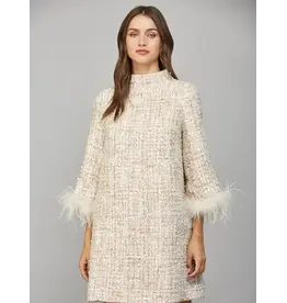 FEATHER TRIM  TWEED SHIFT DRESS