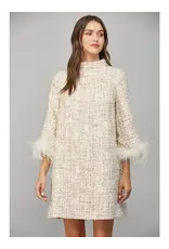 FEATHER TRIM  TWEED SHIFT DRESS