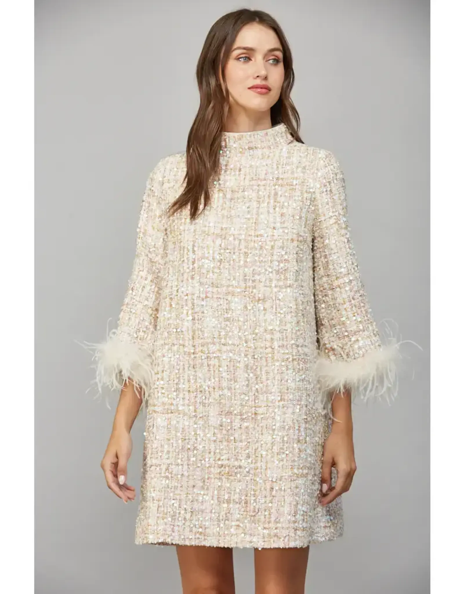 FEATHER TRIM  TWEED SHIFT DRESS