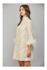 FEATHER TRIM  TWEED SHIFT DRESS