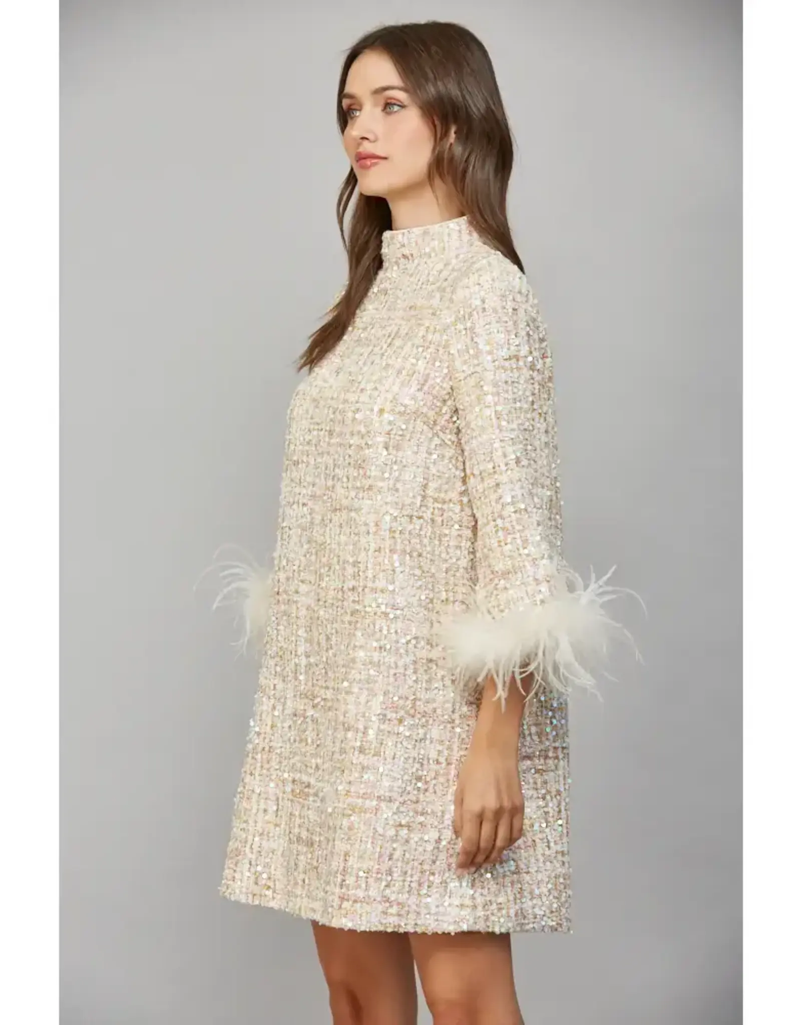 FEATHER TRIM  TWEED SHIFT DRESS