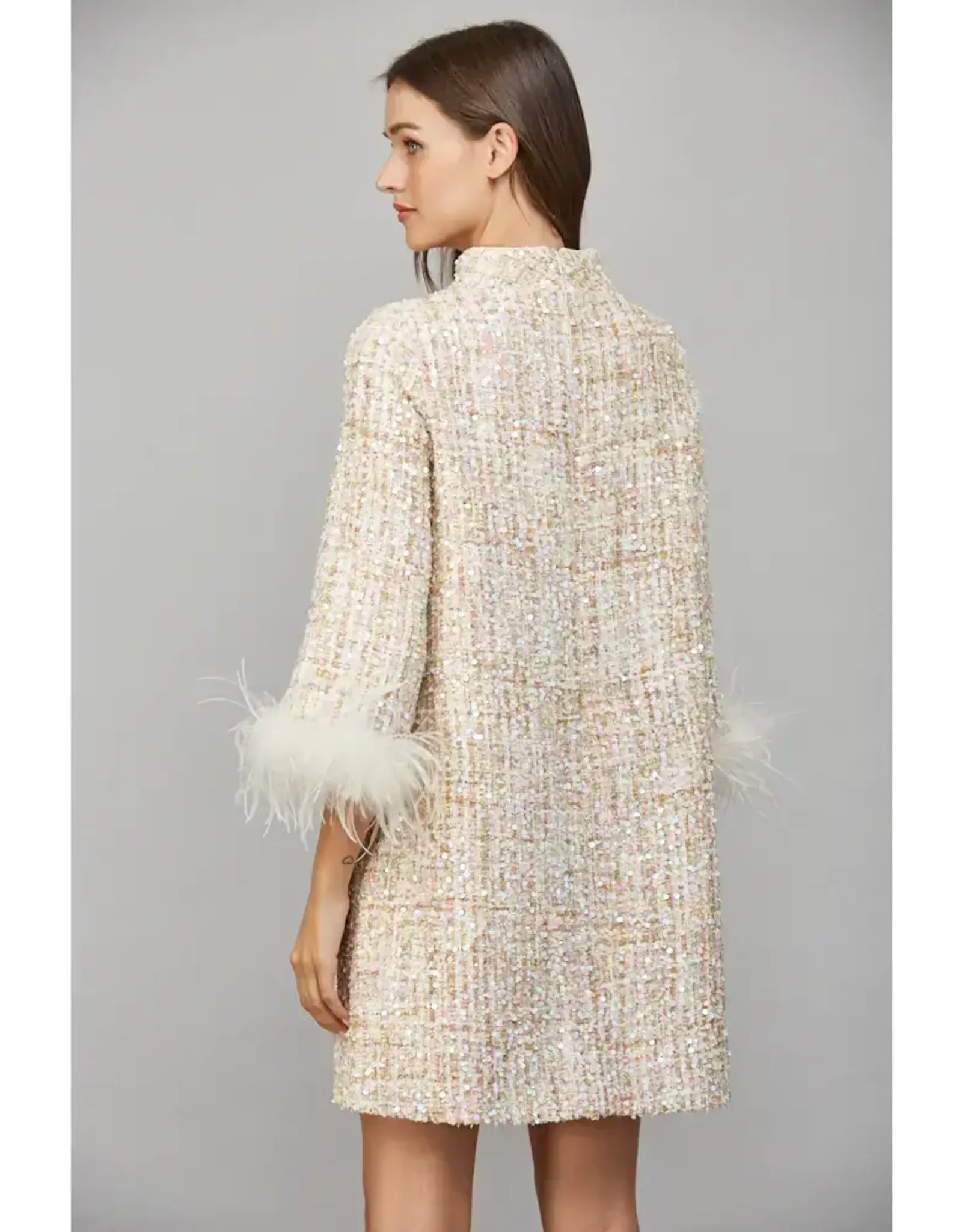 FEATHER TRIM  TWEED SHIFT DRESS