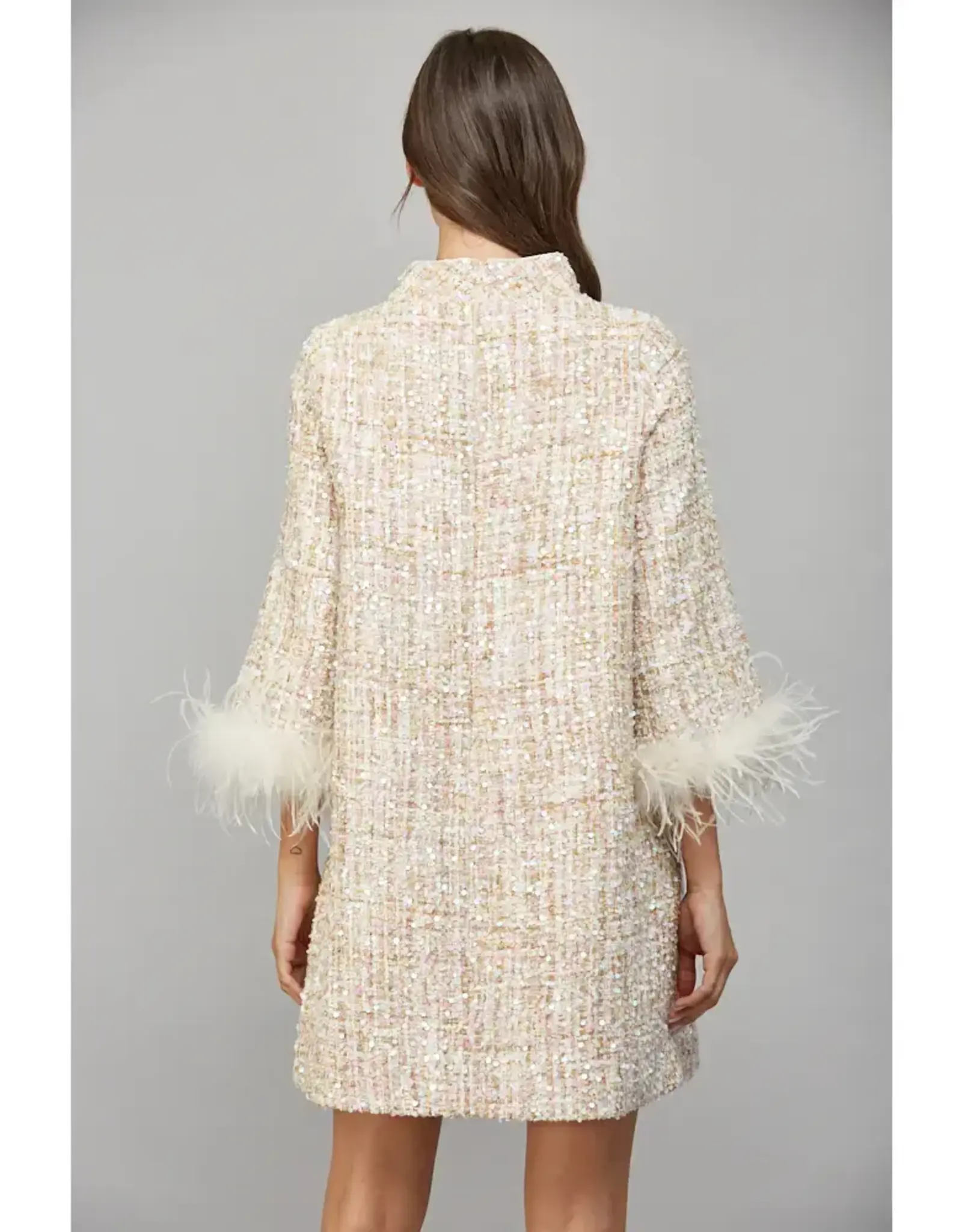 FEATHER TRIM  TWEED SHIFT DRESS