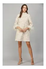 FEATHER TRIM  TWEED SHIFT DRESS